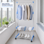 Stativ Vestimentar Multifuncțional Urban Loft, Cadru Metalic, Bară pentru Haine și Prosoape, 2 Rafturi și Roți 360° cu Blocare, 150 × 68 × 49 cm