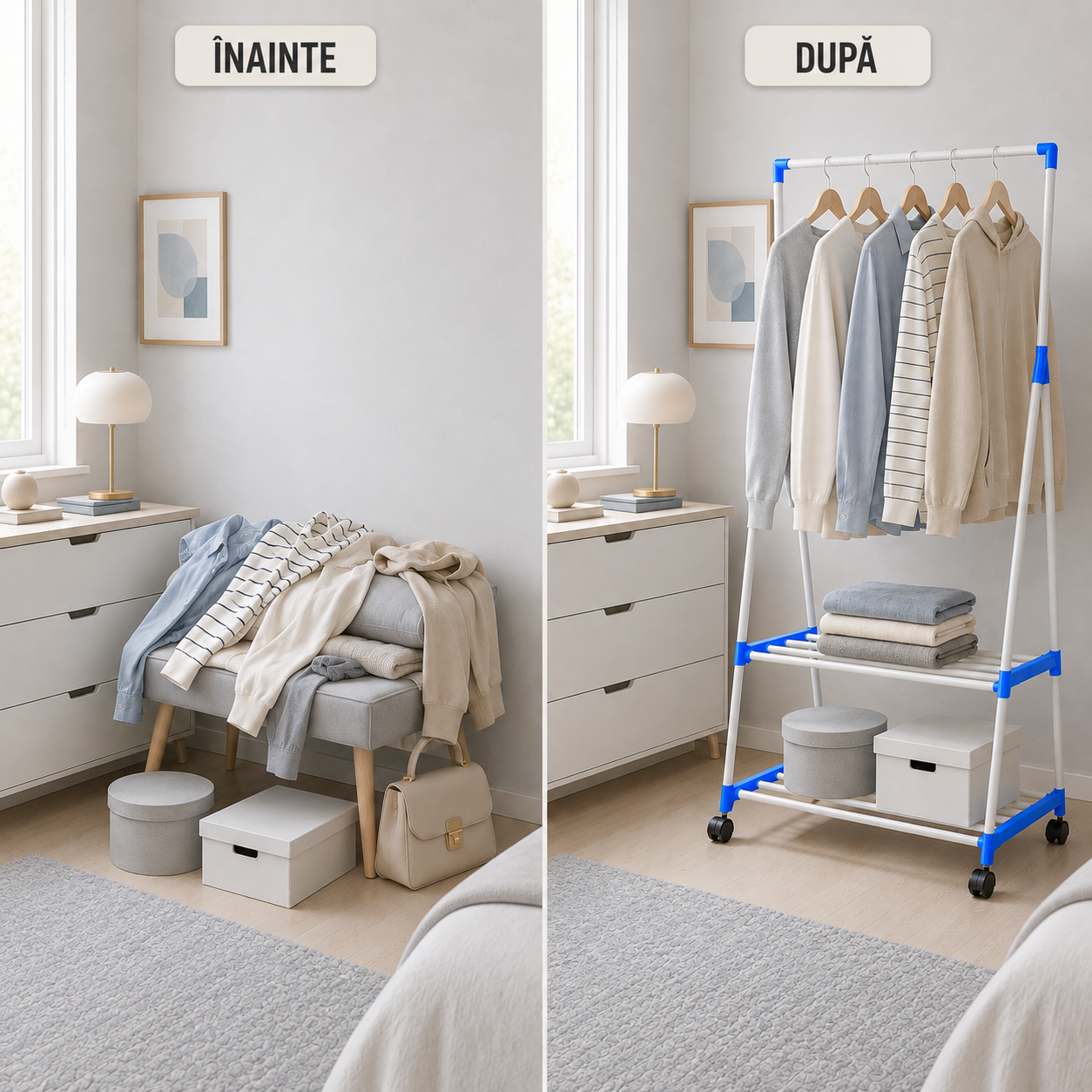 Stativ Vestimentar Multifuncțional Urban Loft, Cadru Metalic, Bară pentru Haine și Prosoape, 2 Rafturi și Roți 360° cu Blocare, 150 × 68 × 49 cm