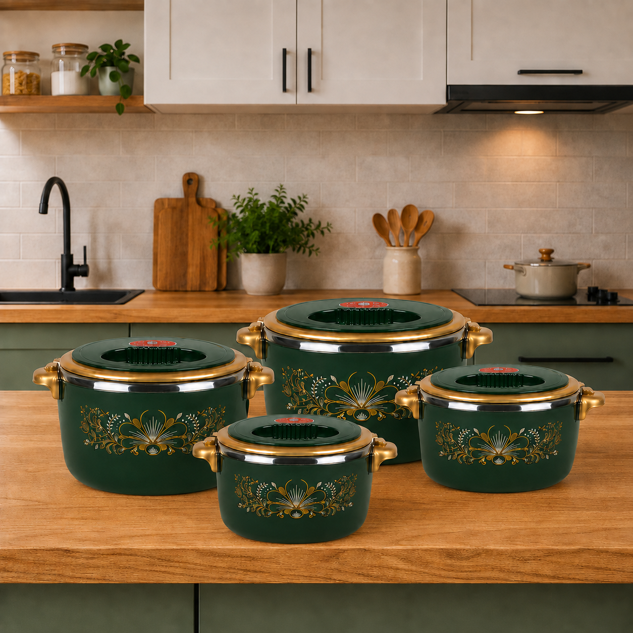 Set 4 Caserole Termice Premium, Interior din Inox și Izolație din Spumă, 1L + 2L + 4L + 6L, Cald până la 4 Ore / Rece până la 6 Ore
