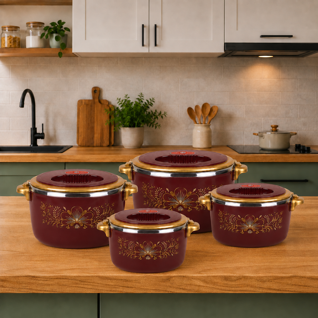 Set 4 Caserole Termice Premium, Interior din Inox și Izolație din Spumă, 1L + 2L + 4L + 6L, Cald până la 4 Ore / Rece până la 6 Ore