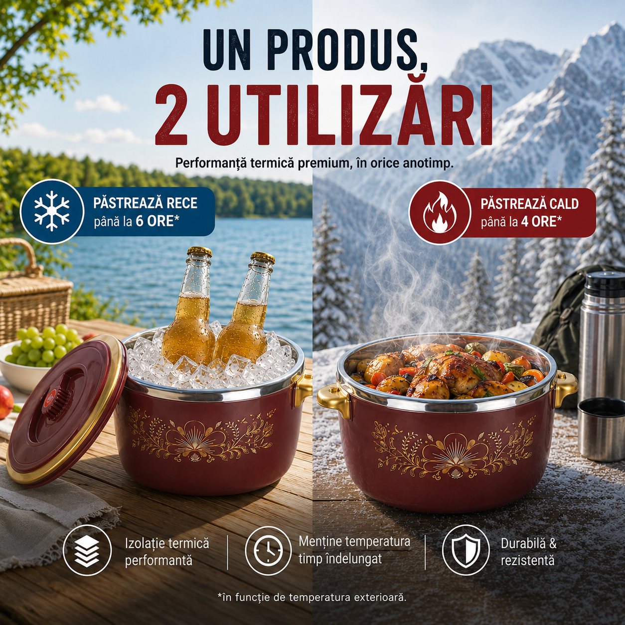 Set 4 Caserole Termice Premium, Interior din Inox și Izolație din Spumă, 1L + 2L + 4L + 6L, Cald până la 4 Ore / Rece până la 6 Ore