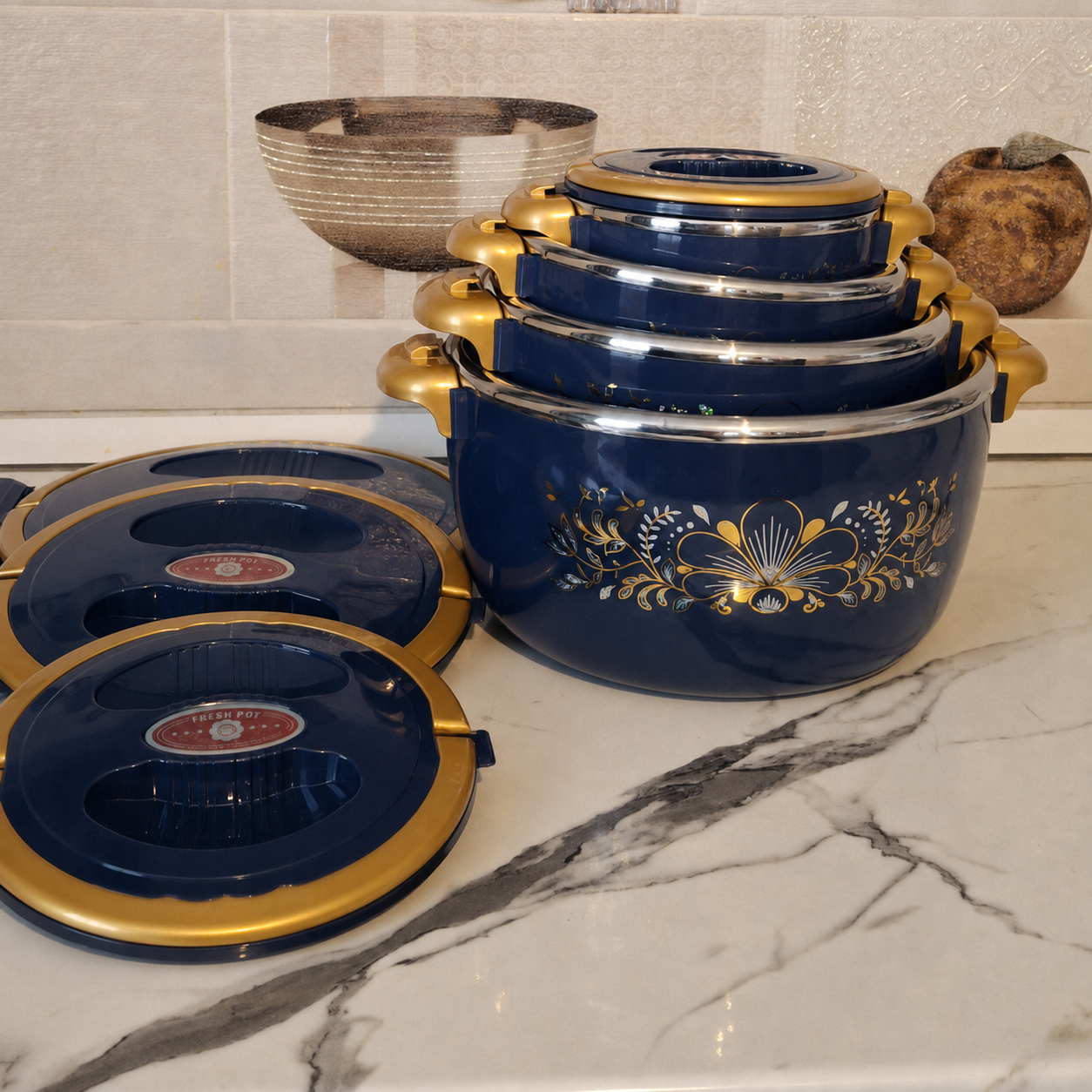 Set 4 Caserole Termice Premium, Interior din Inox și Izolație din Spumă, 1L + 2L + 4L + 6L, Cald până la 4 Ore / Rece până la 6 Ore