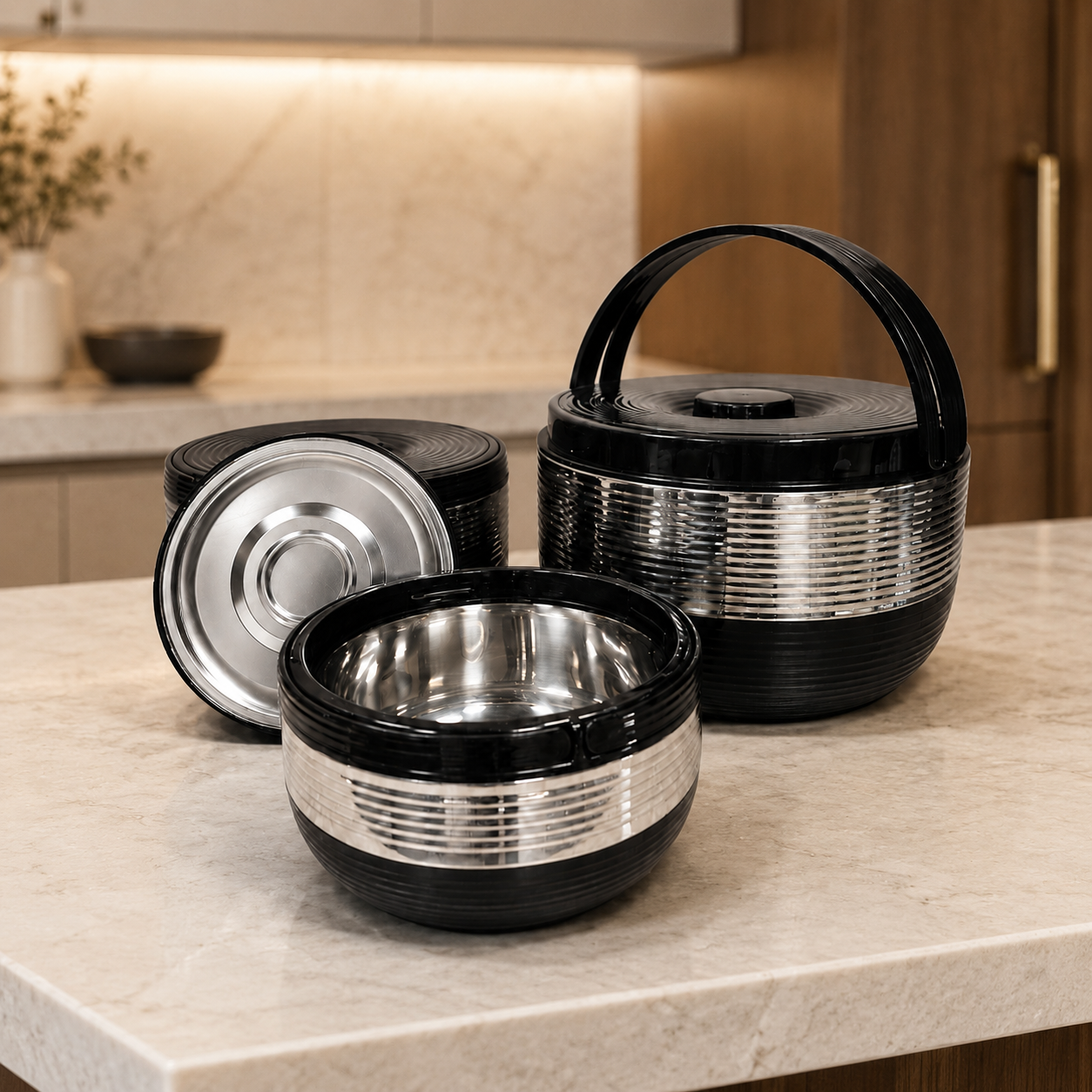Set 3 Piese Caserole ThermoLux, Interior din Inox, Perete Dublu și Strat Termoizolant, 2L + 5L + 6L