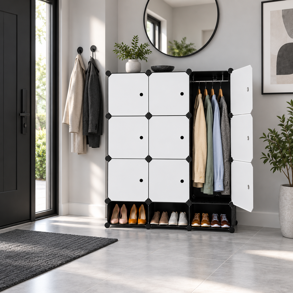 Dulap Modular Urban Loft, 9 Uși, cu Cadru din Oțel și Panouri din Polipropilenă, pentru Haine, Încălțăminte și Accesorii – 127 × 110 × 37 cm