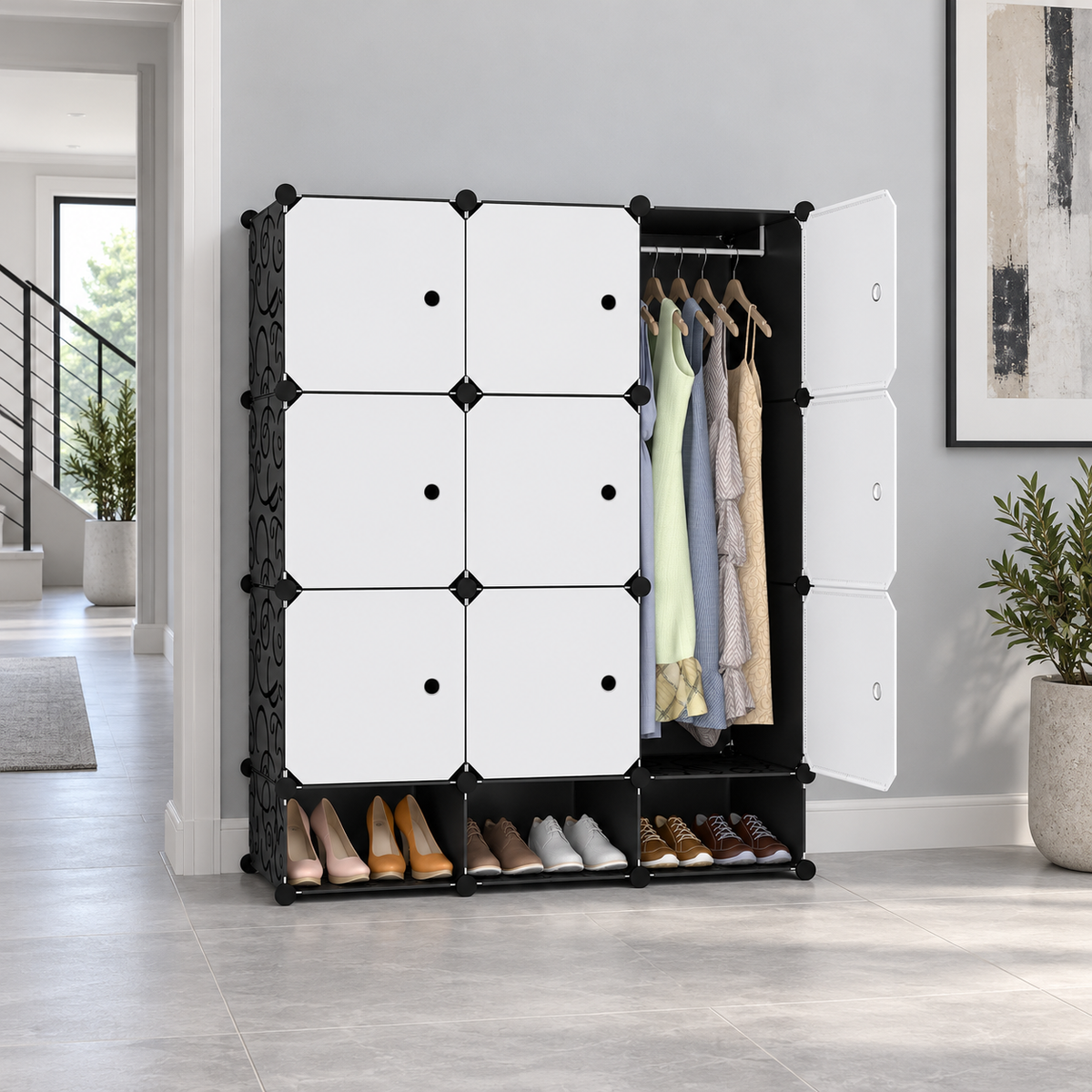 Dulap Modular Urban Loft, 9 Uși, cu Cadru din Oțel și Panouri din Polipropilenă, pentru Haine, Încălțăminte și Accesorii – 127 × 110 × 37 cm