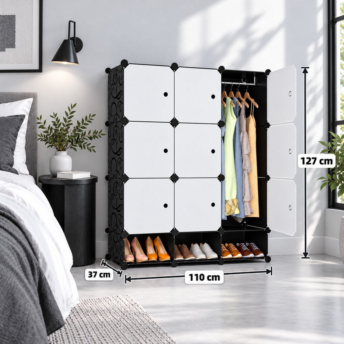 Dulap Modular Urban Loft, 9 Uși, cu Cadru din Oțel și Panouri din Polipropilenă, pentru Haine, Încălțăminte și Accesorii – 127 × 110 × 37 cm