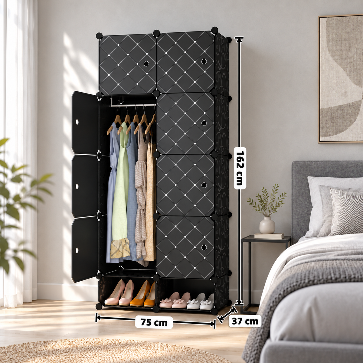 Dulap Modular CasaFlex, cu 8 Uși, Bară pentru Umerașe și Compartimente pentru Încălțăminte, 162 × 75 × 37 cm – 4 Variante