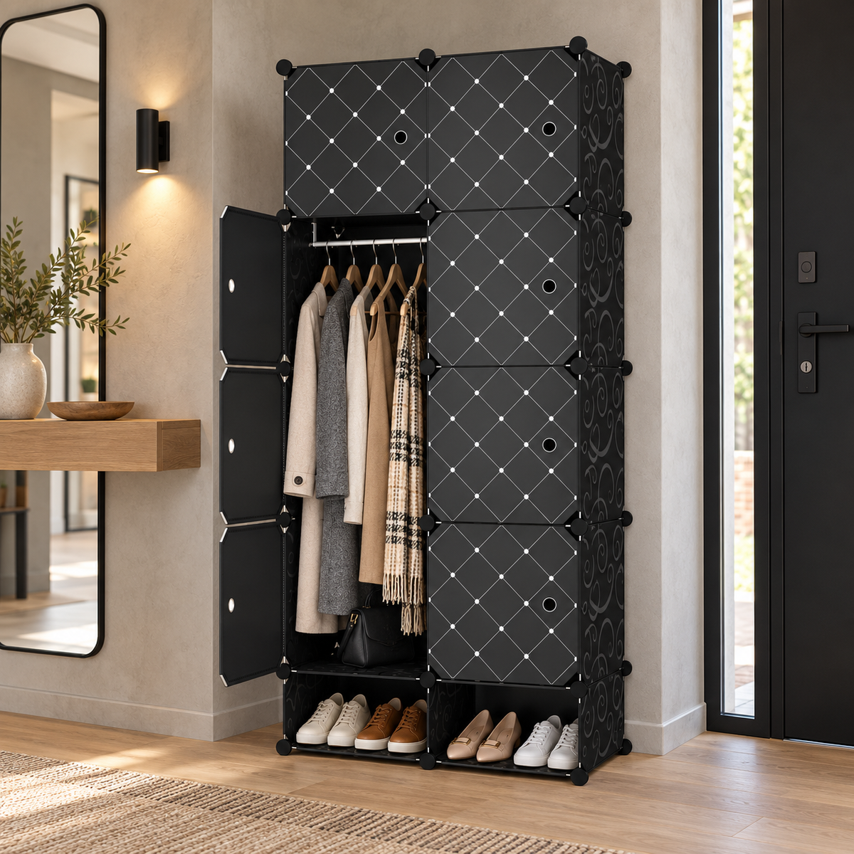 Dulap Modular CasaFlex, cu 8 Uși, Bară pentru Umerașe și Compartimente pentru Încălțăminte, 162 × 75 × 37 cm – 4 Variante