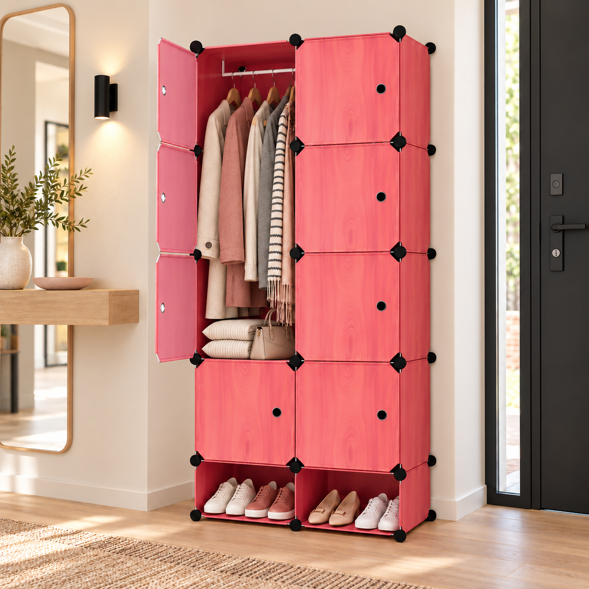 Dulap Modular CasaFlex, cu 8 Uși, Bară pentru Umerașe și Compartimente pentru Încălțăminte, 162 × 75 × 37 cm – 4 Variante