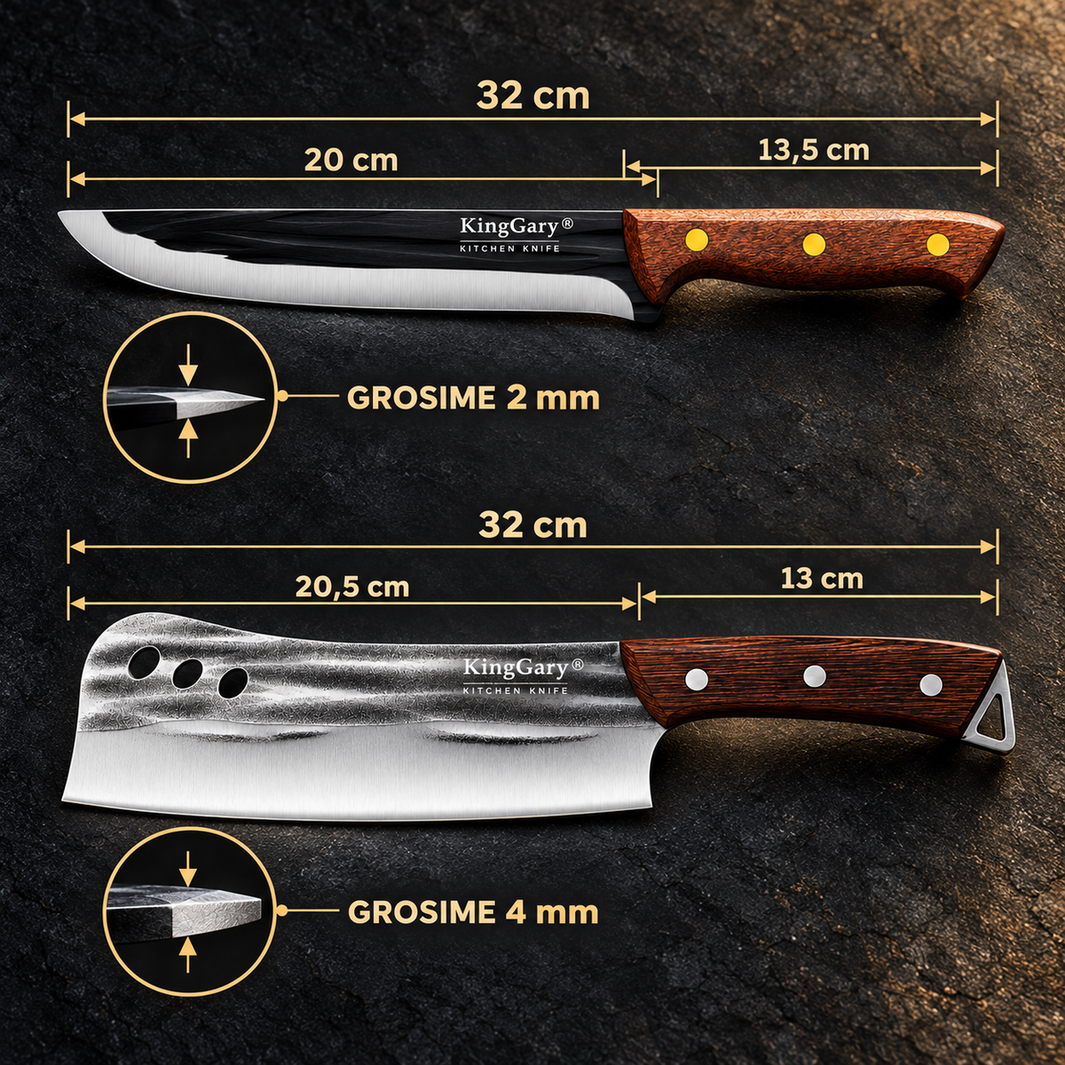 Set Cuțit și Satâr ForgeDuo, Lame din Inox, pentru Feliere, Tocat și Porționare, 2 Piese – 2 Variante