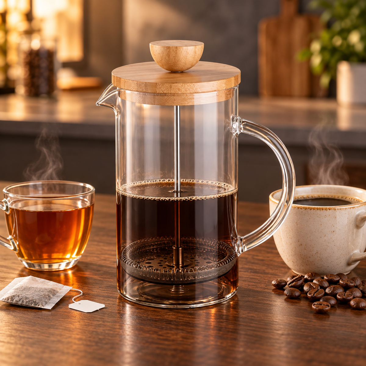 Infuzor multifuncțional French Press din sticlă borosilicată, cu capac din bambus și filtru din inox, 800 ml