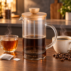 Infuzor multifuncțional French Press din sticlă borosilicată, cu capac din bambus și filtru din inox, 600 ml