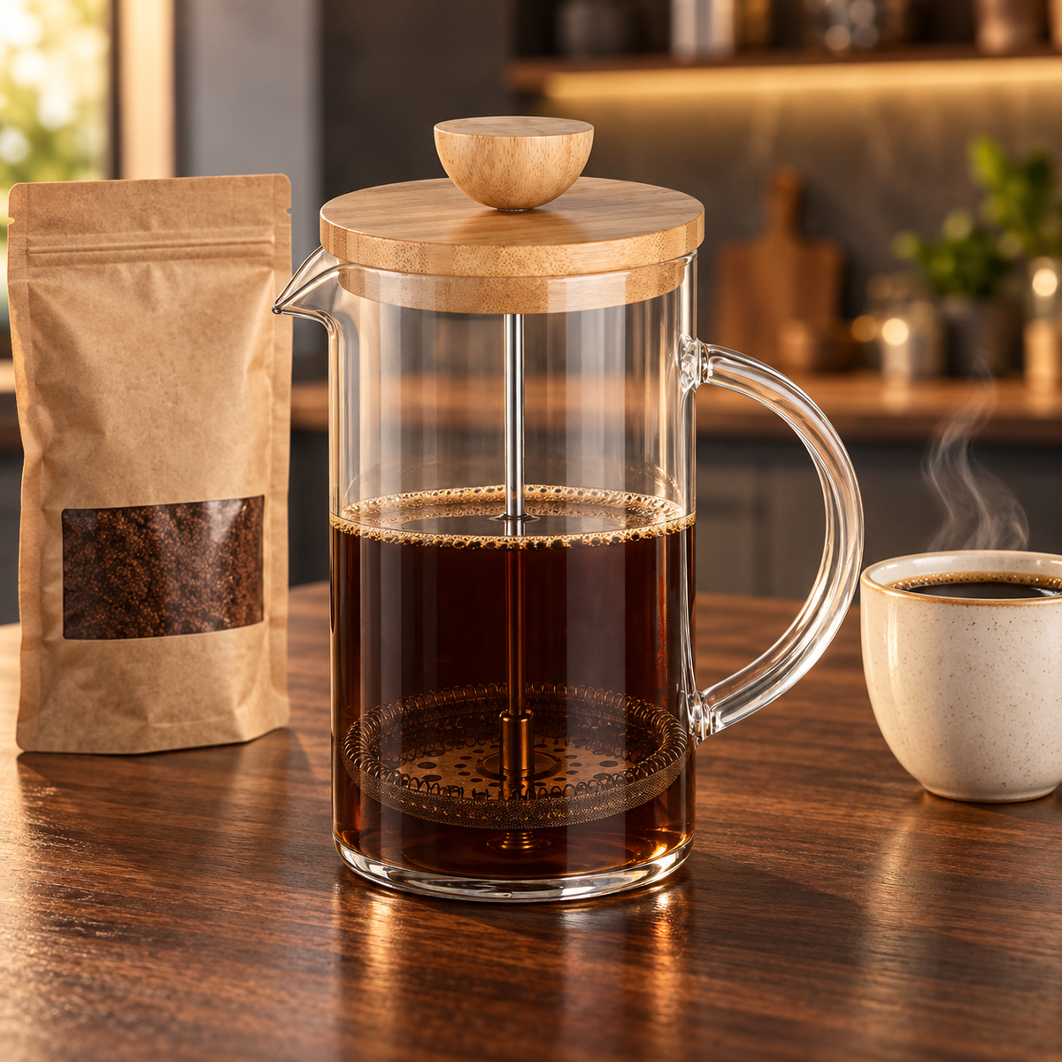 Infuzor multifuncțional French Press din sticlă borosilicată, cu capac din bambus și filtru din inox, 800 ml