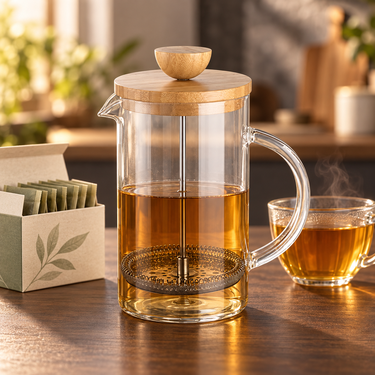 Infuzor multifuncțional French Press din sticlă borosilicată, cu capac din bambus și filtru din inox, 800 ml