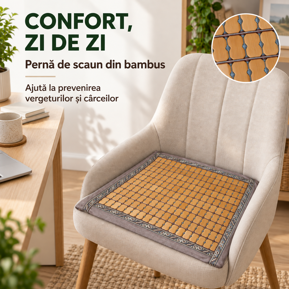 Pernă pentru scaun din bambus, confort și susținere, 2 modele disponibile, maro
