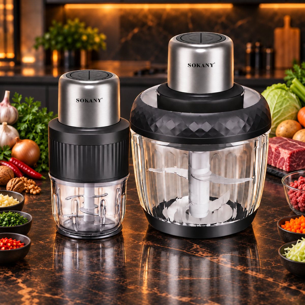 Tocător electric 2 în 1, 800 W, două boluri din sticlă de 3 L și 0.5 L, 4 lame din inox, 2 viteze, Negru/Inox