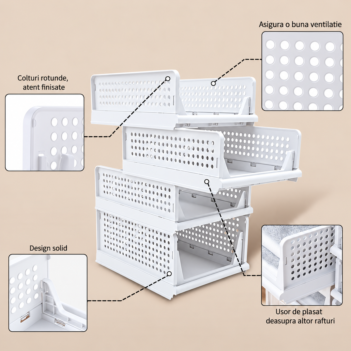 Organizator modular pliabil pentru haine și obiecte, stivuibil, cu sistem glisant, 30 × 43 × 29 cm, Alb