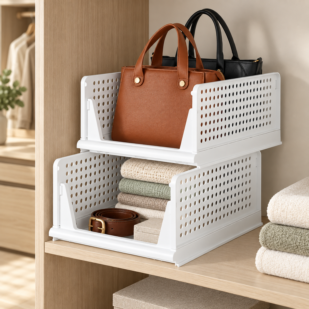 Organizator modular pliabil pentru haine și obiecte, stivuibil, cu sistem glisant, 30 × 43 × 29 cm, Alb