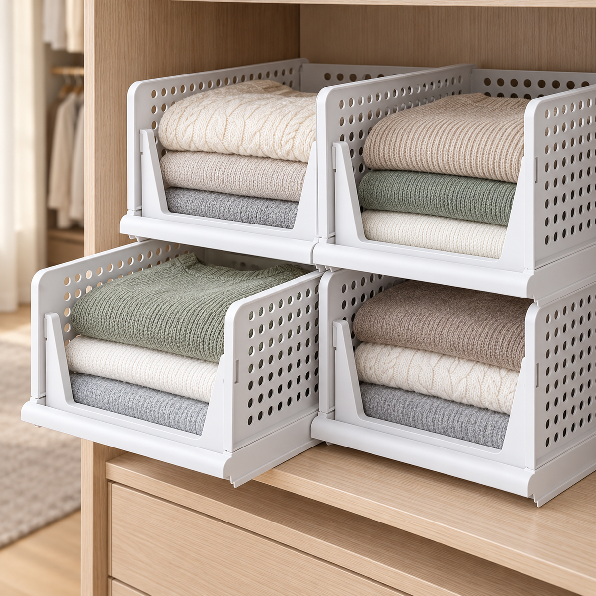 Organizator modular pliabil pentru haine și obiecte, stivuibil, cu sistem glisant, 30 × 43 × 29 cm, Alb