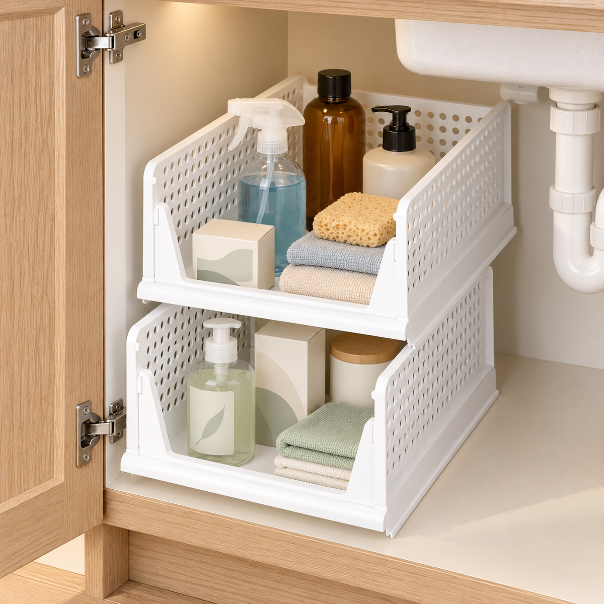 Organizator modular pliabil pentru haine și obiecte, stivuibil, cu sistem glisant, 30 × 43 × 29 cm, Alb
