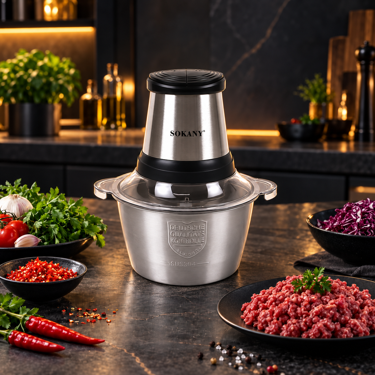 Tocător electric multifuncțional, 700 W, bol din inox 2 L, 4 lame și 2 viteze, negru