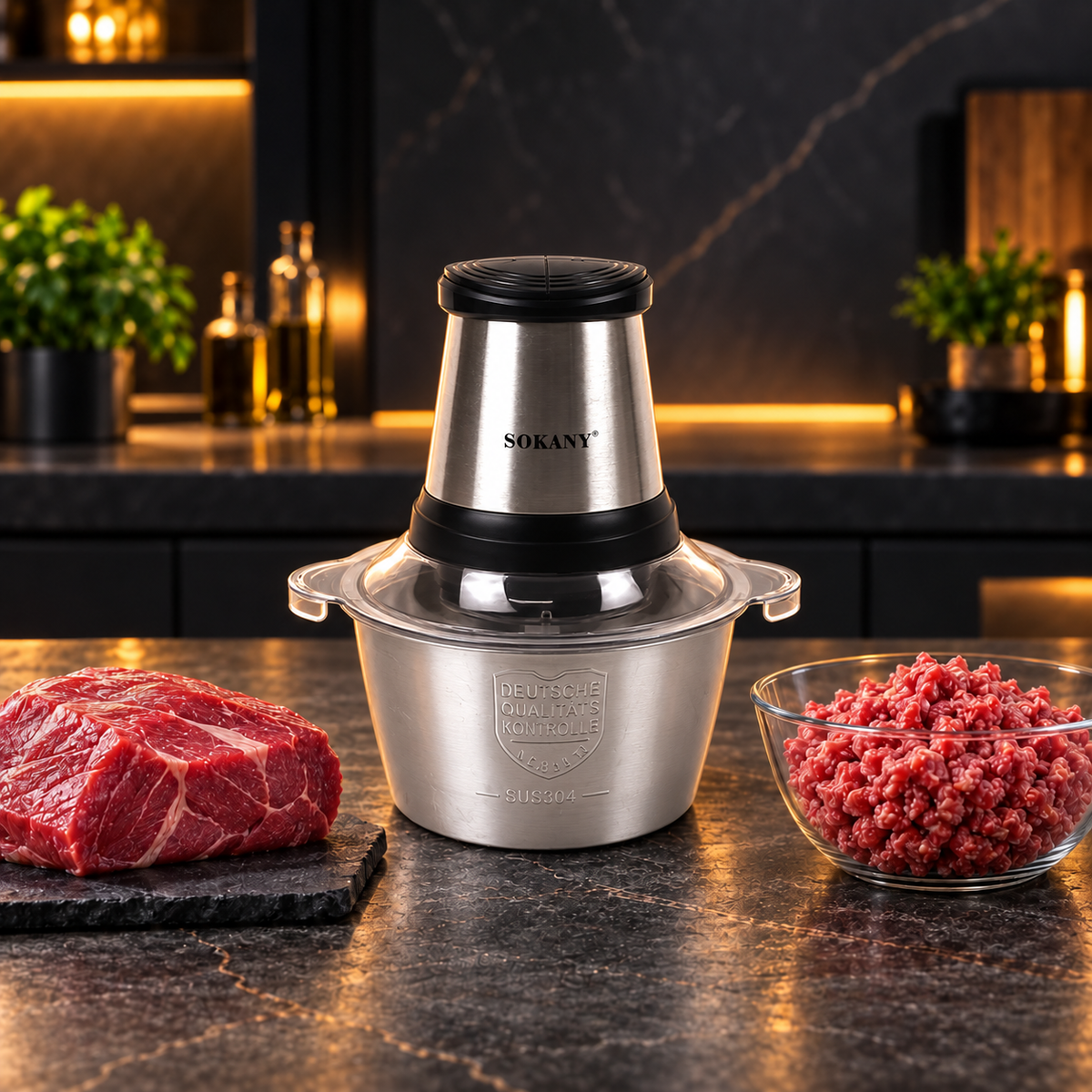 Tocător electric multifuncțional, 700 W, bol din inox 2 L, 4 lame și 2 viteze, negru