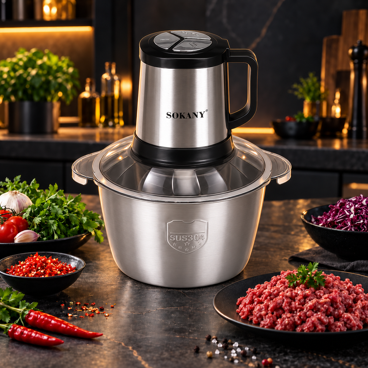 Tocător electric multifuncțional, 800 W, bol din inox 4,5 L, 4 lame și 3 viteze, negru/inox