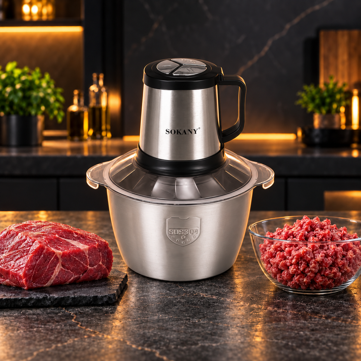 Tocător electric multifuncțional, 800 W, bol din inox 4,5 L, 4 lame și 3 viteze, negru/inox