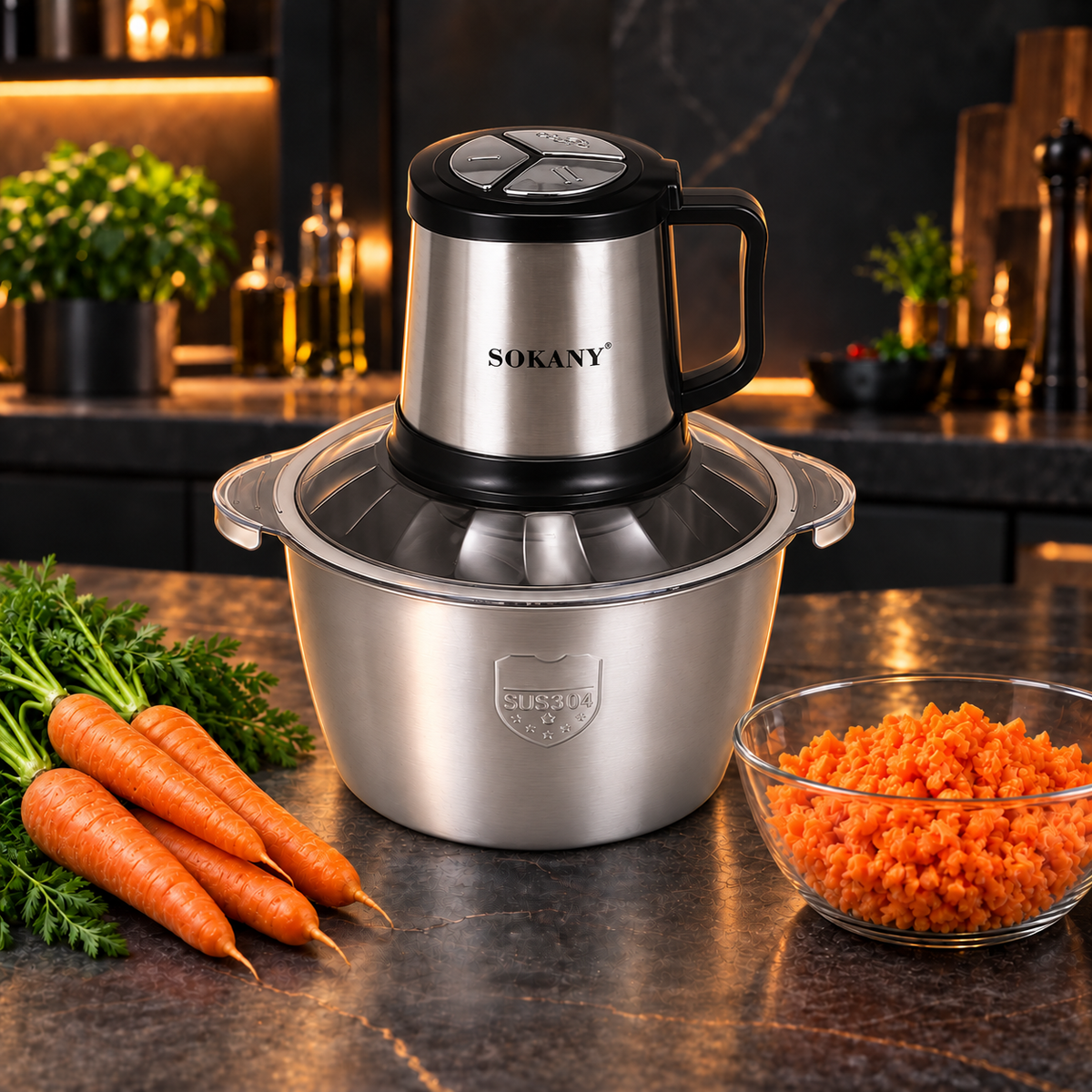 Tocător electric multifuncțional, 800 W, bol din inox 4,5 L, 4 lame și 3 viteze, negru/inox