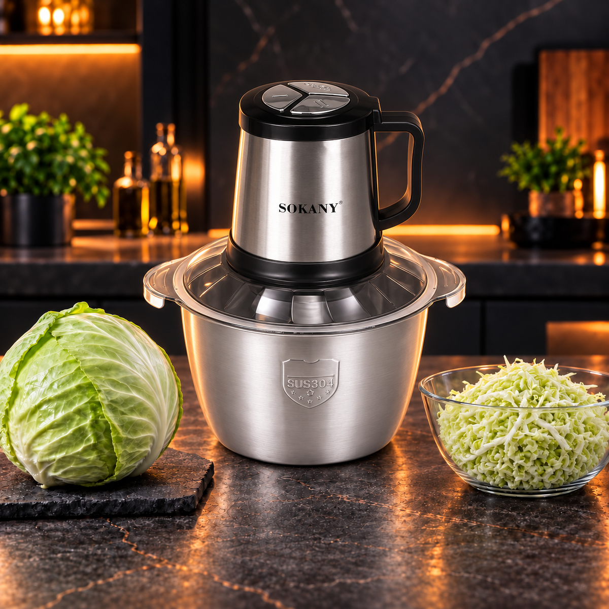 Tocător electric multifuncțional, 800 W, bol din inox 4,5 L, 4 lame și 3 viteze, negru/inox