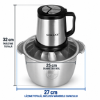 Tocător electric multifuncțional, 800 W, bol din inox 4,5 L, 4 lame și 3 viteze, negru/inox