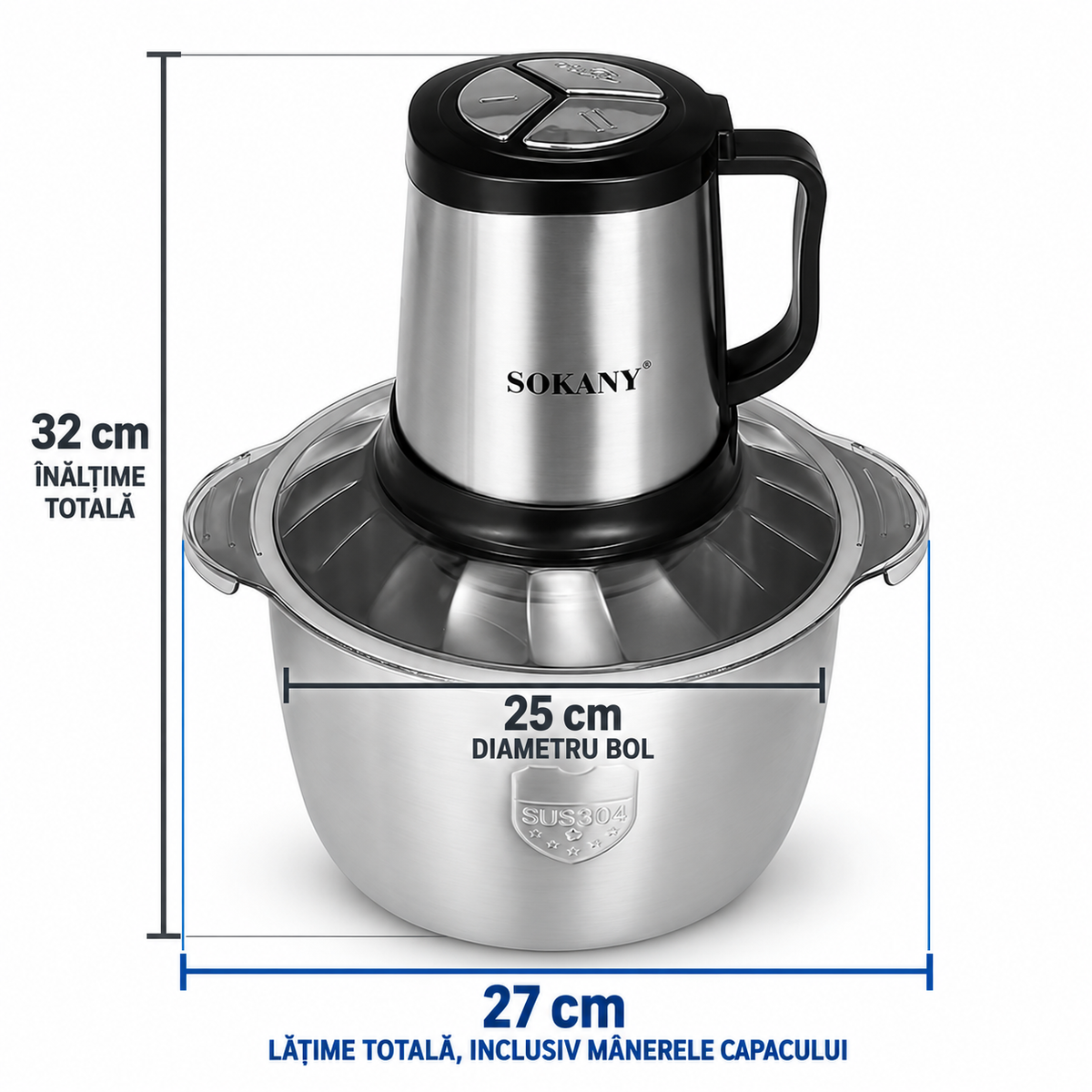 Tocător electric multifuncțional, 800 W, bol din inox 4,5 L, 4 lame și 3 viteze, negru/inox