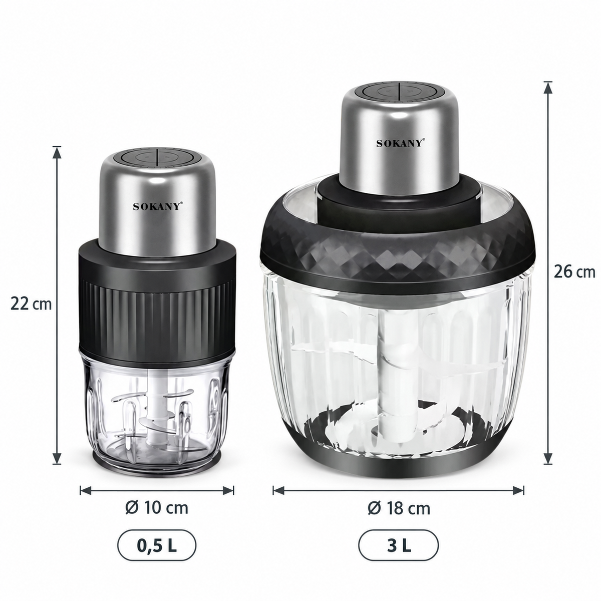 Tocător electric 2 în 1, 800 W, două boluri din sticlă de 3 L și 0.5 L, 4 lame din inox, 2 viteze, Negru/Inox