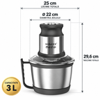 Tocător electric multifuncțional pentru carne, legume și nuci, motor puternic de 800 W, bol din inox de 3 L, 4 lame și 2 viteze