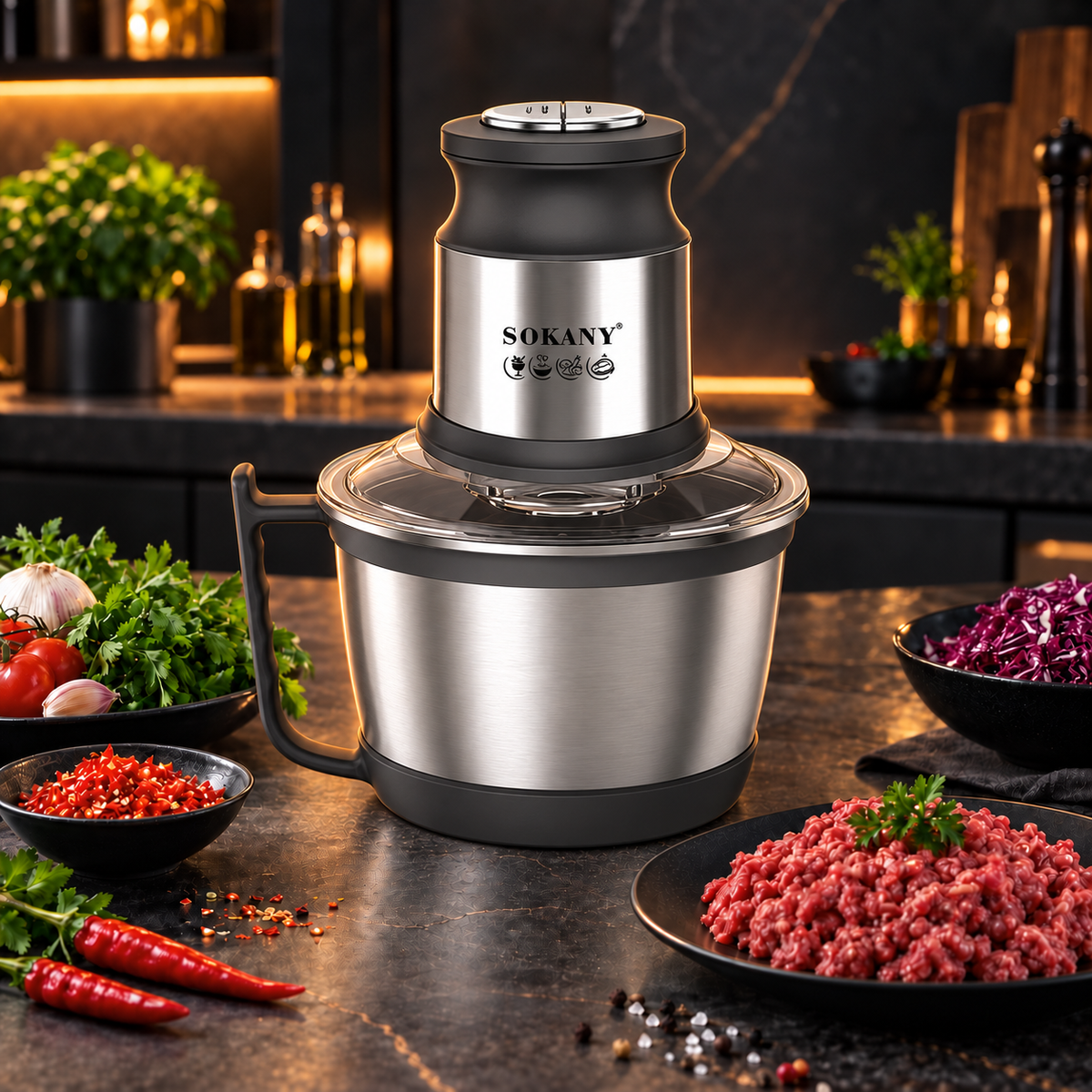 Tocător electric multifuncțional pentru carne, legume și nuci, motor puternic de 800 W, bol din inox de 3 L, 4 lame și 2 viteze