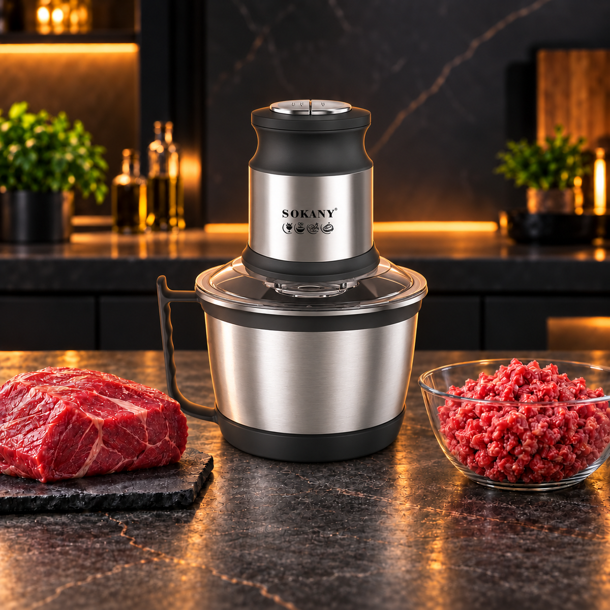 Tocător electric multifuncțional pentru carne, legume și nuci, motor puternic de 800 W, bol din inox de 3 L, 4 lame și 2 viteze