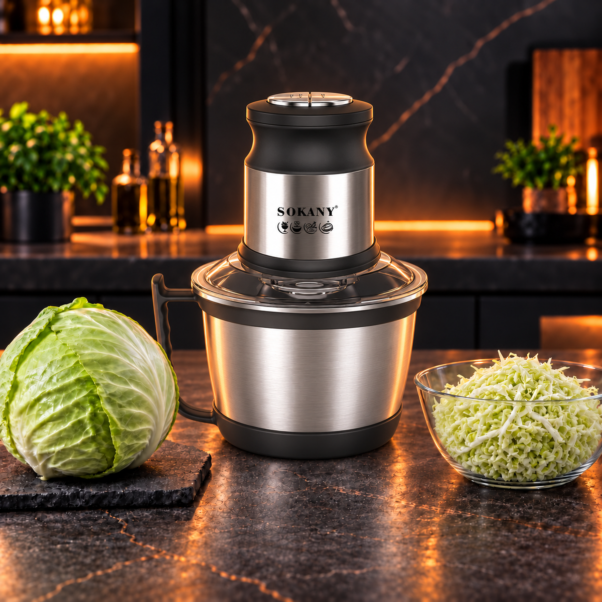 Tocător electric multifuncțional pentru carne, legume și nuci, motor puternic de 800 W, bol din inox de 3 L, 4 lame și 2 viteze