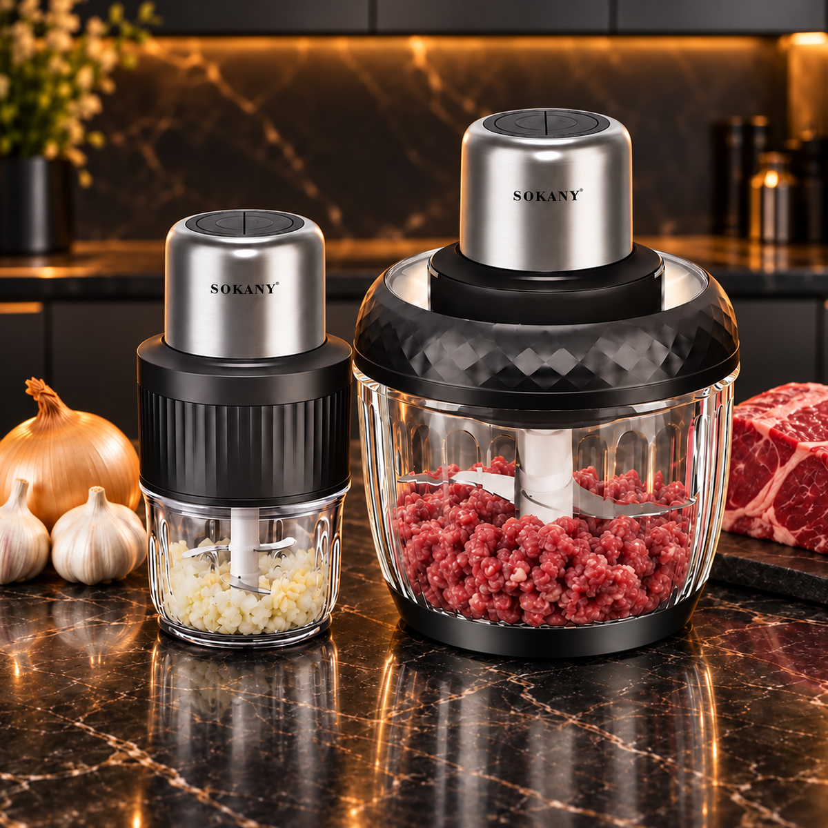 Tocător electric 2 în 1, 800 W, două boluri din sticlă de 3 L și 0.5 L, 4 lame din inox, 2 viteze, Negru/Inox
