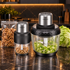 Tocător electric 2 în 1, 800 W, două boluri din sticlă de 3 L și 0.5 L, 4 lame din inox, 2 viteze, Negru/Inox