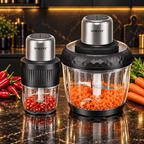 Tocător electric 2 în 1, 800 W, două boluri din sticlă de 3 L și 0.5 L, 4 lame din inox, 2 viteze, Negru/Inox