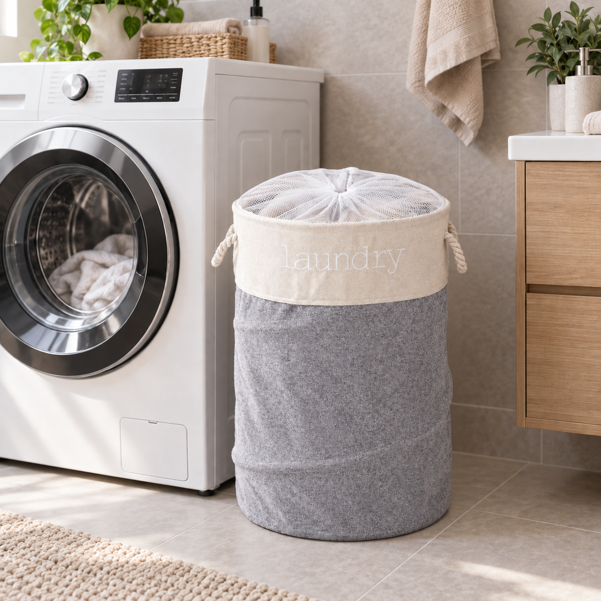 Sac de rufe Naimeed cu plasă de închidere – ordine și transport ușor, 40 × 60 cm, gri sau roz