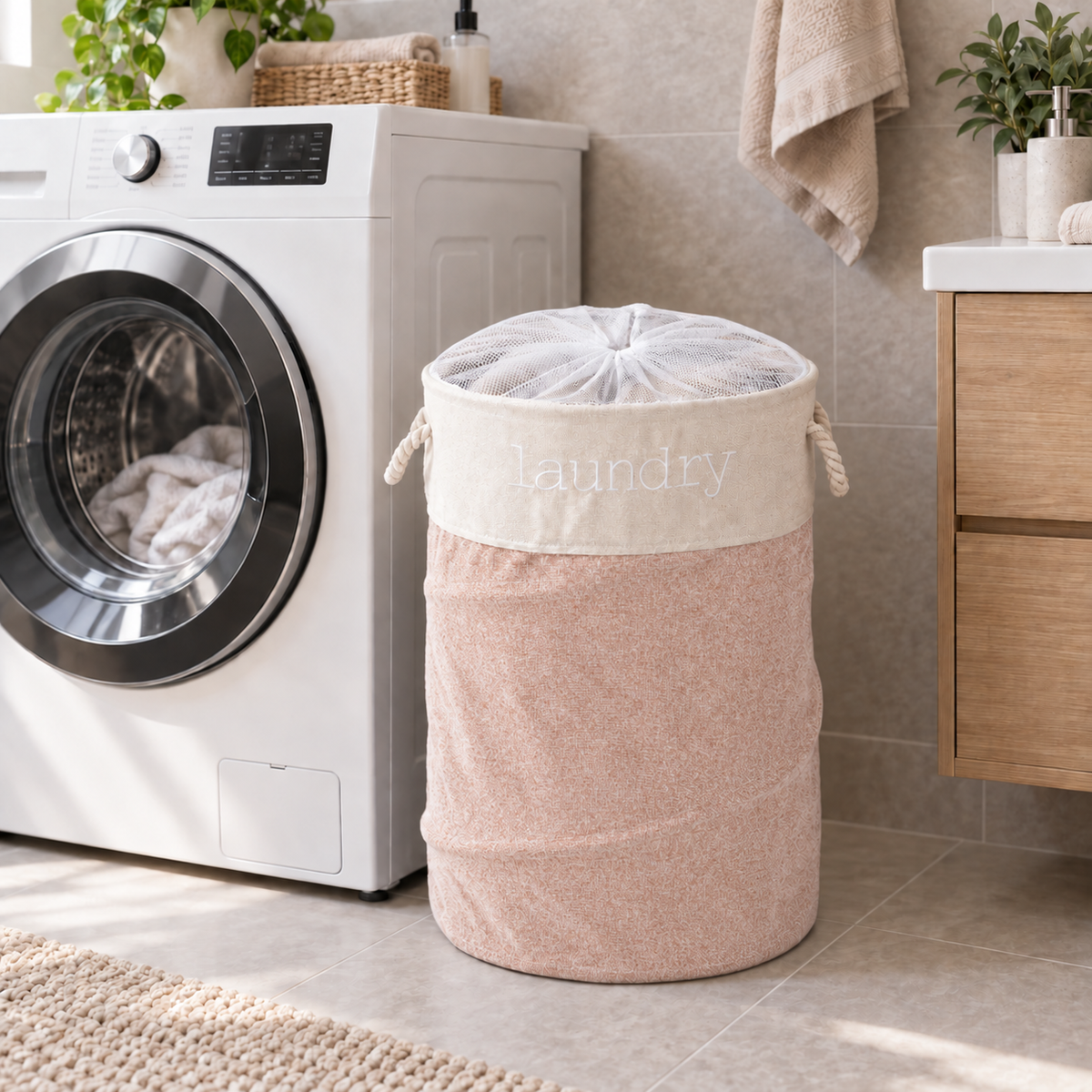 Sac de rufe Naimeed cu plasă de închidere – ordine și transport ușor, 40 × 60 cm, gri sau roz