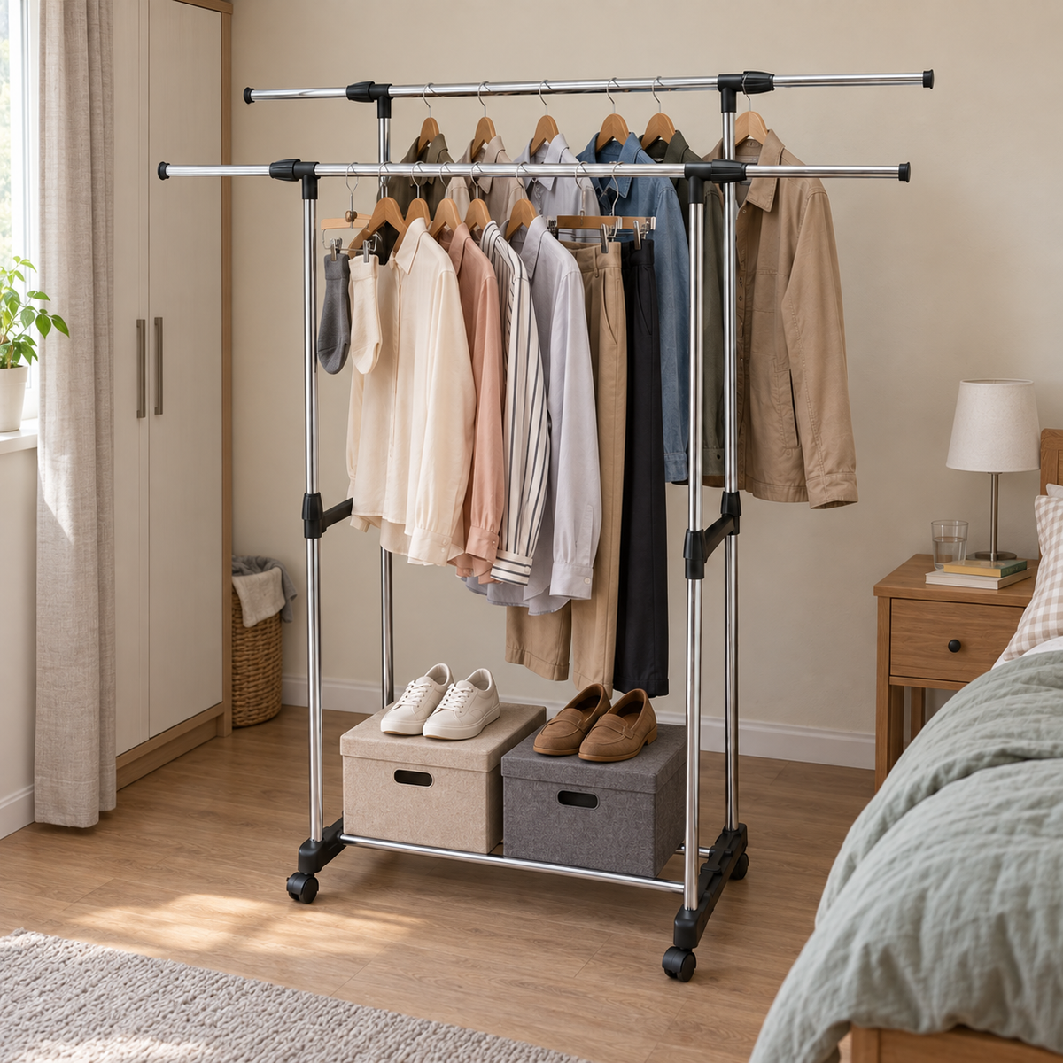 Stativ Vestimentar Urban Loft SpaceSaver, Metalic, cu Roți si Suport