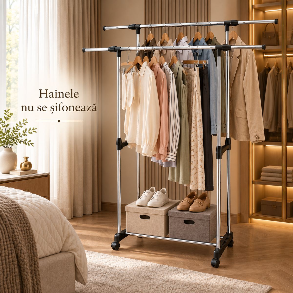 Stativ Vestimentar Urban Loft SpaceSaver, Metalic, cu Roți si Suport