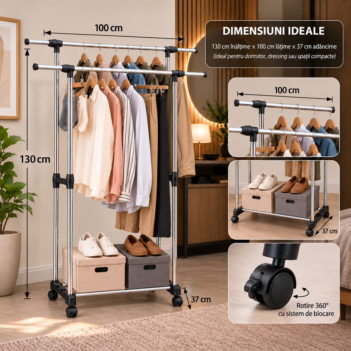 Stativ Vestimentar Urban Loft SpaceSaver, Metalic, cu Roți si Suport