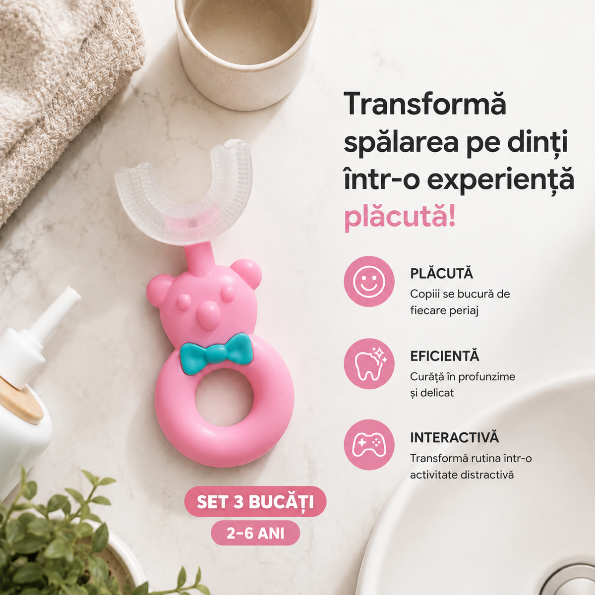 Set 3  Periuțe Copii U-Shape 360° – Silicon Premium, 2-6 ani, 6-12 ani pachet 2 + 1 Gratis