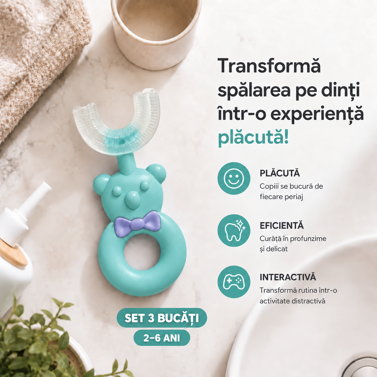 Set 3  Periuțe Copii U-Shape 360° – Silicon Premium, 2-6 ani, 6-12 ani pachet 2 + 1 Gratis