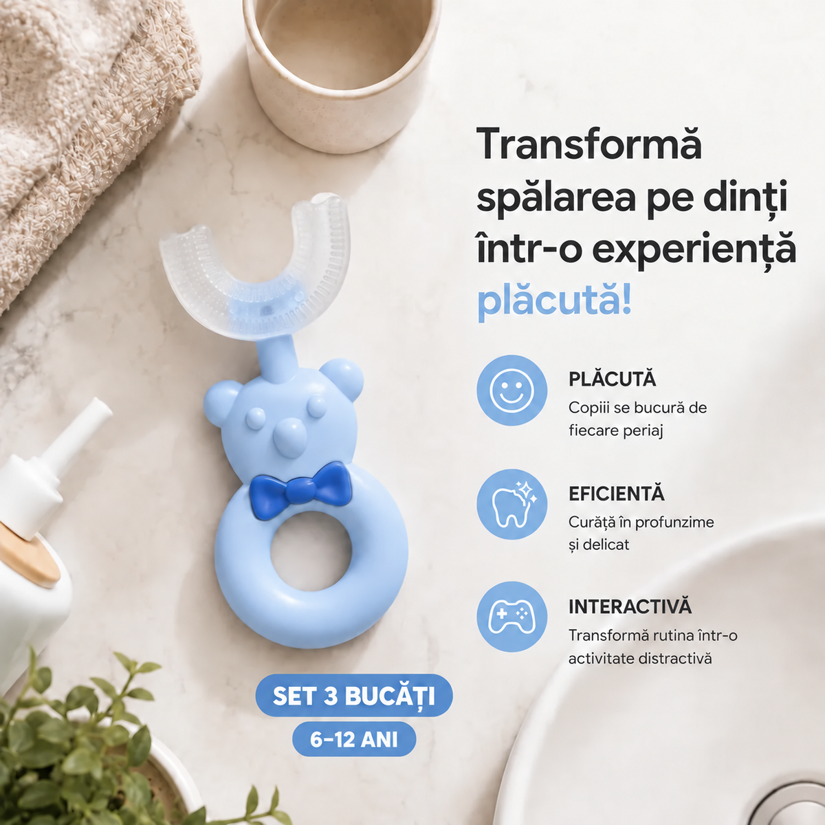 Set 3  Periuțe Copii U-Shape 360° – Silicon Premium, 2-6 ani, 6-12 ani pachet 2 + 1 Gratis
