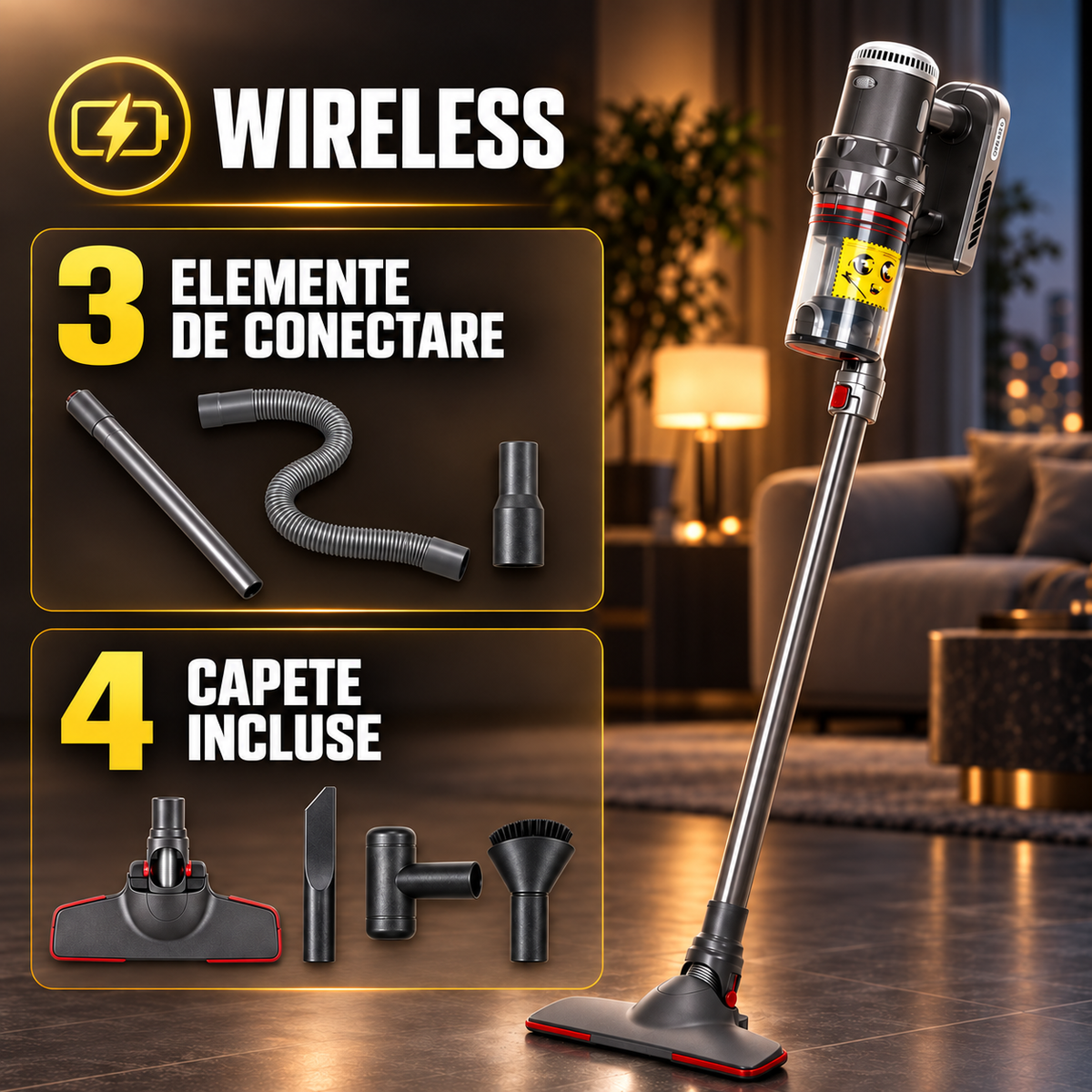 Aspirator multifunctional wireless premium Sokany – 3 moduri de funcționare, autonomie 40 min, 4 capete