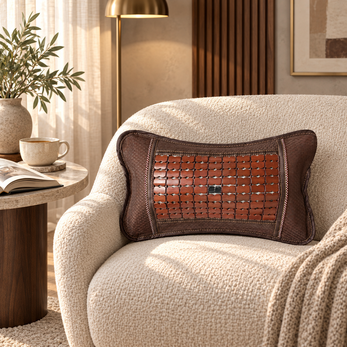 Pernă din bambus cu frunze de ceai – sprijin pentru spate, circulație și relaxare, 46 × 24 × 12 cm